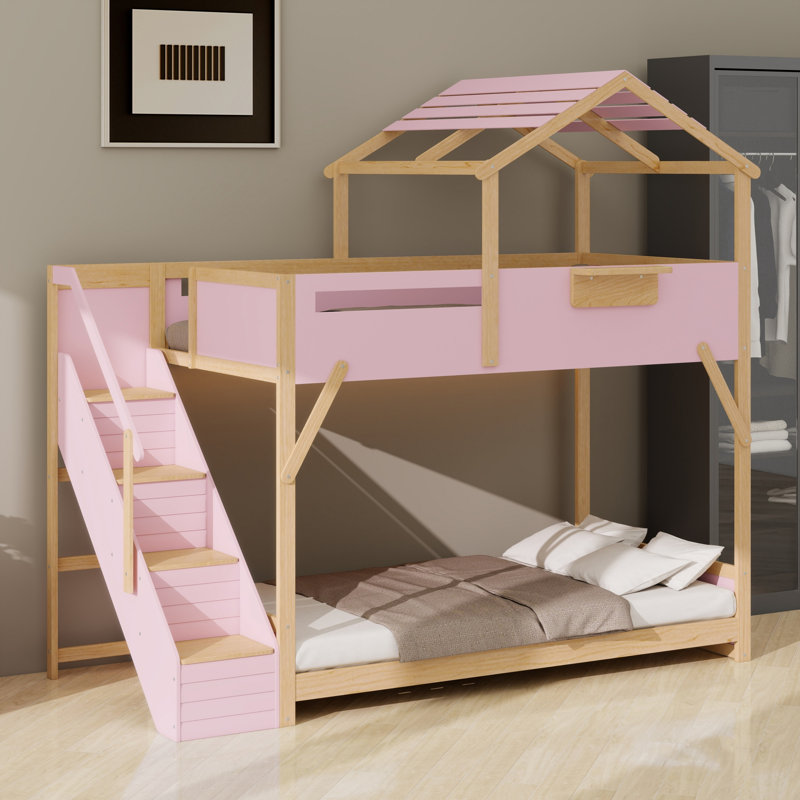 Lit superposé multi-fonctionnel avec escalier, lumières DEL, Twin over Twin, Pink