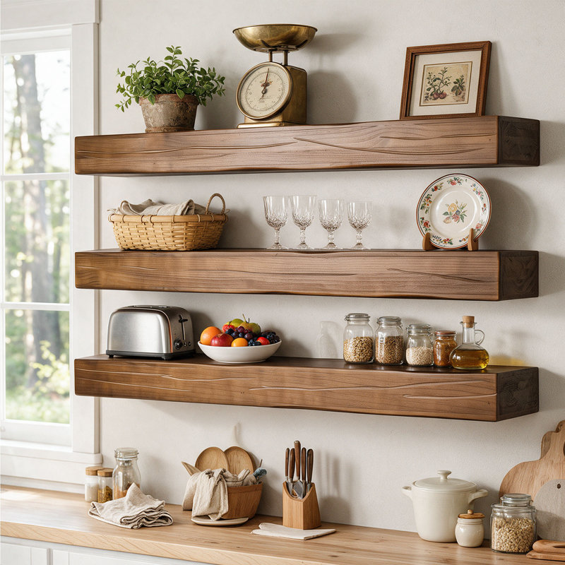 Étagères flottantes en bois massif de 120 cm (47,2 pouces), ensemble de 3 – Rangement mural rustique pour salon et cuisine