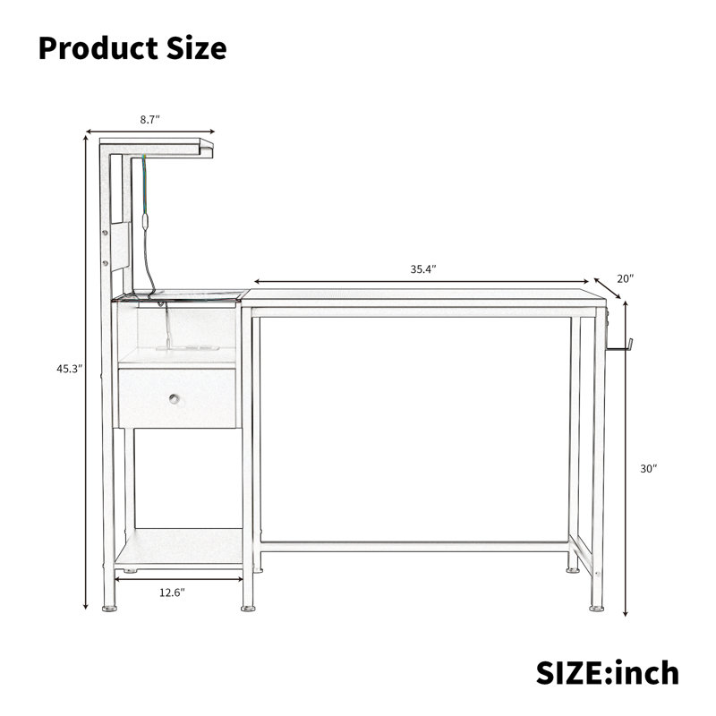 Bureau d'ordinateur avec prise de courant, ports de chargement USB et tablettes de rangement, bureau d'écriture noir pour bureau à domicile | Idée de cadeau