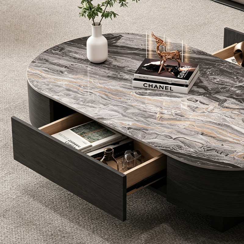Table basse ovale avec rangement Modern Home, H 13,97 po x l 47,24 po x P 23,62 po, Gris / Noir