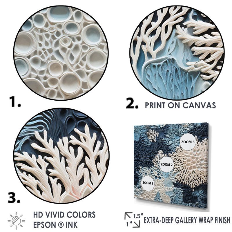 Underwater Blue and White Coral Collage Canvas Print with Gold Frame