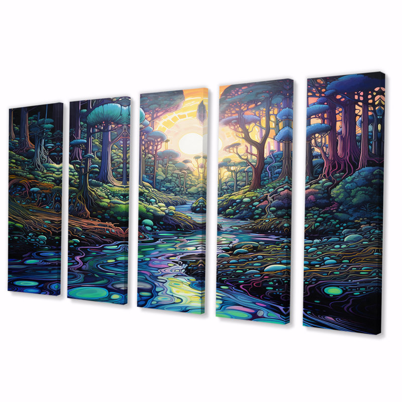Fantaisie, rivière colorée, salon d'art mural - 5 panneaux égaux