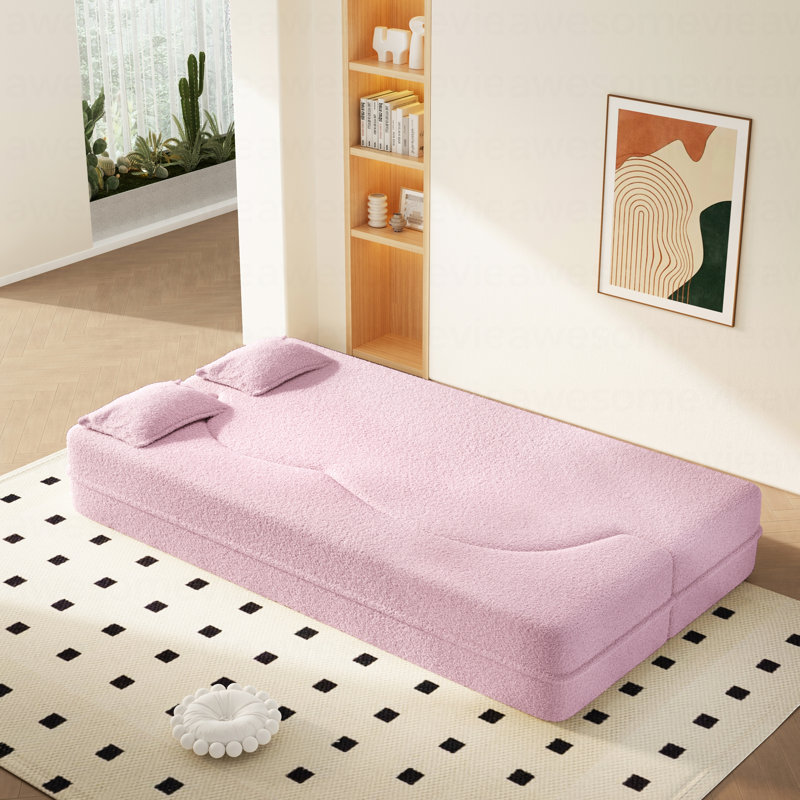 Canapé-lit moderne avec 2 coussins, canapé-lit convertible en tissu rembourré de mousse, matelas pliant pour lit simple de 15 po pour le salon, lit d'invité, salle de jeux, sans assemblage requis, rose