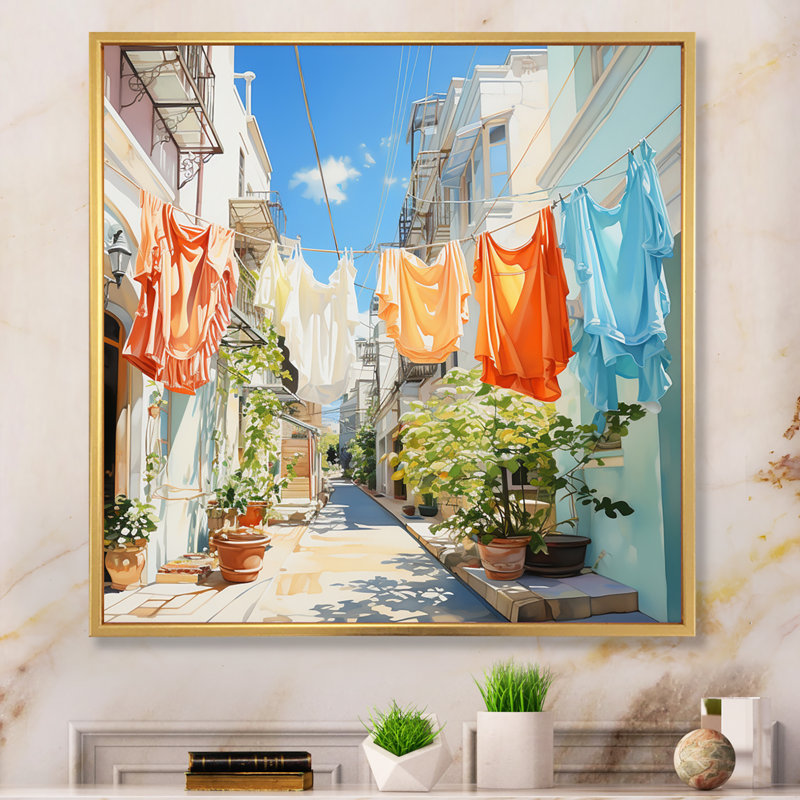 Blanchisserie en Italie V - Art mural, H 36 po x l 36 po x P 1,5 po, Cadre flottant doré