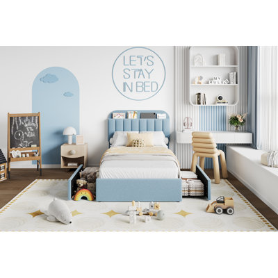 Cadre de lit avec 2 tiroirs de rangement, cadre de lit pour enfant avec tête de lit de rangement, cadre de lit rembourré