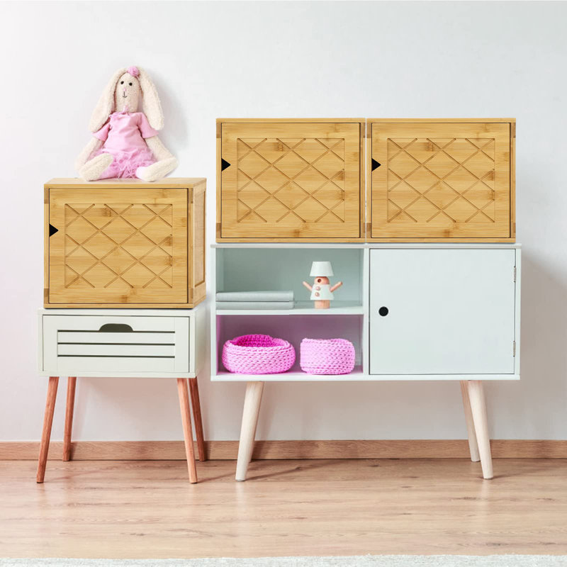 Cube Storage Organizer, Bamboo Cube Bookshelf, Stackable Connect Storage Cube Cubby Organizer With Door, Stackable Cubes Bin