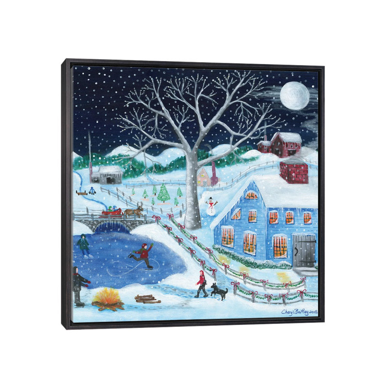 Impression d’art graphique, "Ice skating’par Old Farm par Cheryl Bartley, H 37 po x l 37 po x P 1,5 po, Pas de tapis