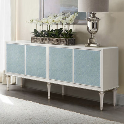 Console 4 portes en bois blanc perle et chatoiement argenté