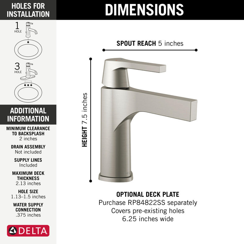 Zura Single Hole Bathroom Faucet and Diamond Seal Technology, Stainless