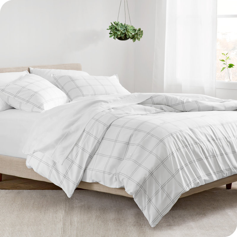 Ensemble d'édredon en duvet synthétique, Édredon pour grand lit + 2 taies décoratives, Blanc / carreaux gris