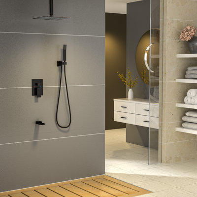 Système de douche à pression équilibrée avec pomme de douche à effet de pluie de 16 po et robinet de baignoire, douchette avec valve brute