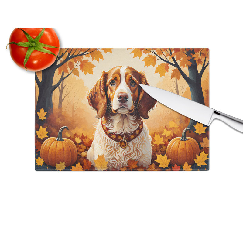 Brittany Spaniel Fall Glass Cutting Board Large