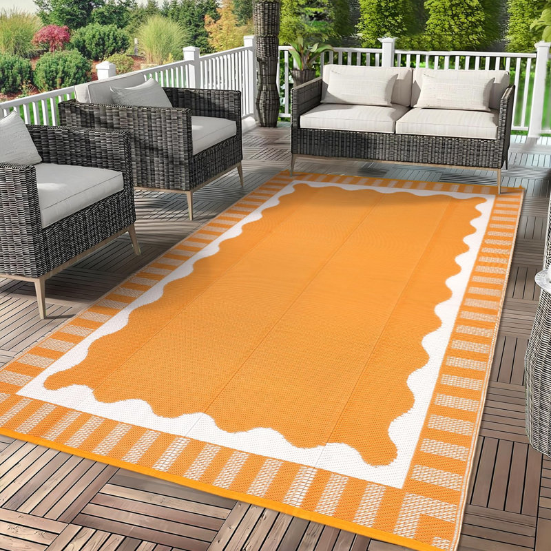  Waterproof Outdoor Rug 8x10 Outdoor Patio Rug Modern Scalloped Reversible Plastic Straw Camping Rugs Bordered Outside Carpet for Picnic Backyard Deck Balcony Trailer Orange