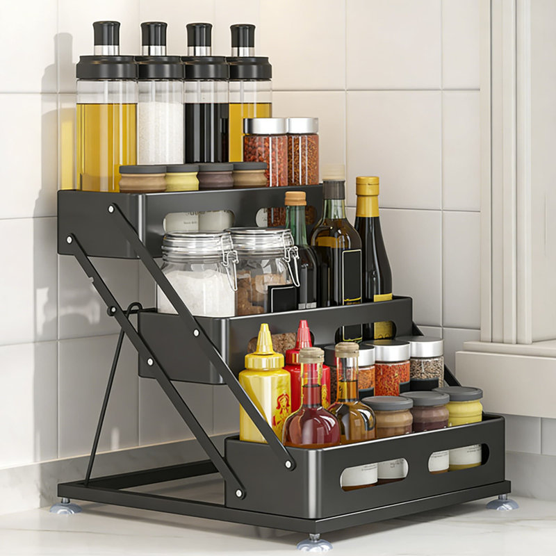 Étagère à épices pliable à 3 niveaux pour comptoir de cuisine ou armoire, tablette réglable en métal résistant à la rouille pour pots à épices, bouteilles d'huile et condiments