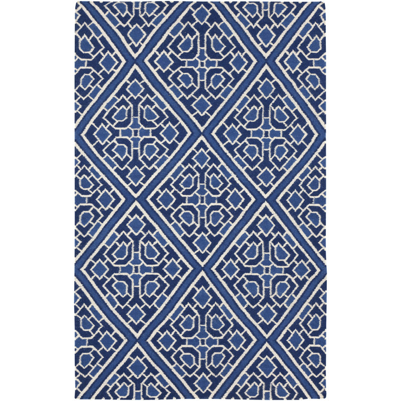Tapis bleu / blanc en laine tissé à la main Alameda, Rectangle 8 pi x 11 pi