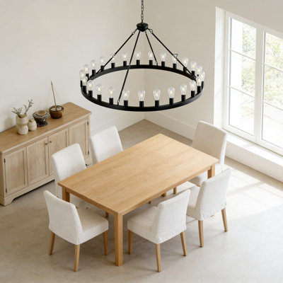 Lustre noir en forme de roue de chariot, luminaire suspendu de style campagnard à 28 lumières, luminaire suspendu rond rustique de 53 pouces pour la salle à manger, l'îlot de cuisine, le vestibule