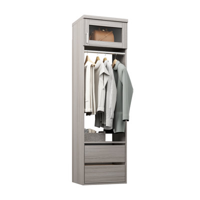 Grey Oak 19.5" Wall-Mounted Closet Section with Glass Doors, 1 Clothing Rod, 1 Shelf & 2 Reveal Drawers
