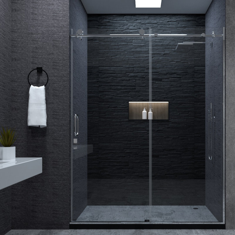 60'' Silver Semi-Frameless Sliding Shower Door with Clear Tempered Glass