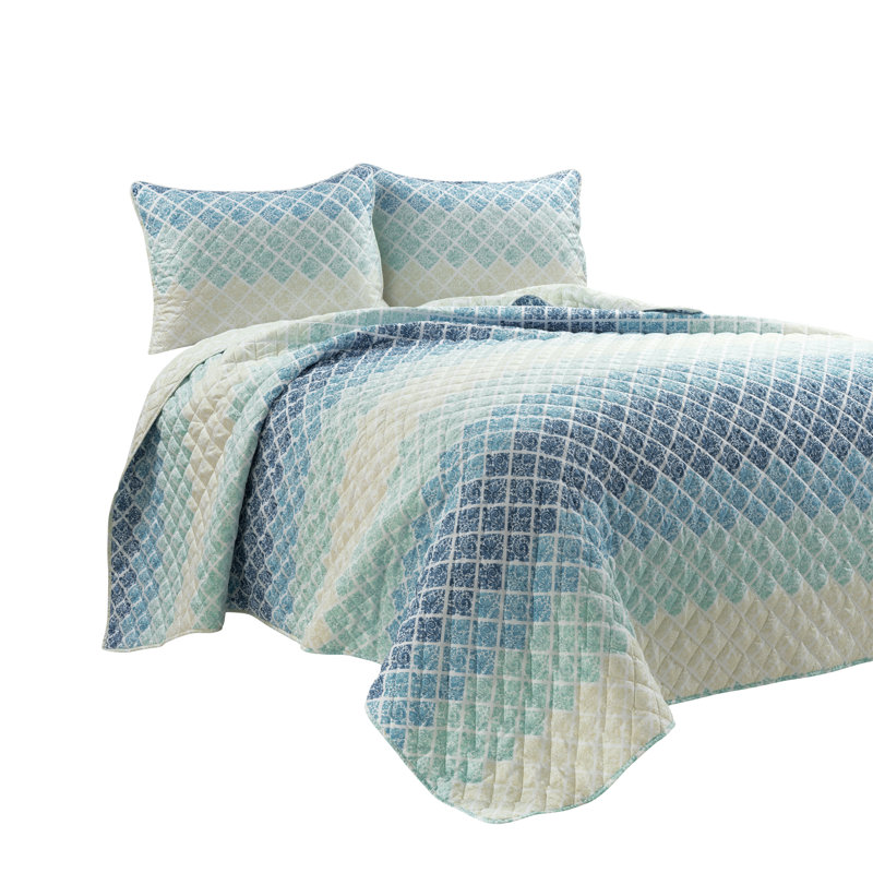 Medallion Ombre Yellow/Gray Microfiber Reversible 3 Piece Quilt Set, King, Blue