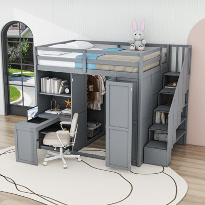 Lit mezzanine avec garde-robe, bureau et tablettes