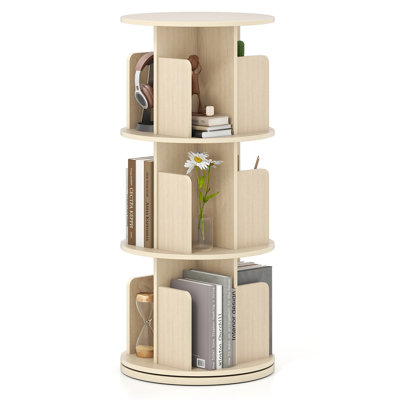 Étagère pivotante à 3 niveaux avec séparateurs et dispositifs antichute, rotation à 360°, idéale pour le salon, le bureau ou la chambre, de couleur naturelle.