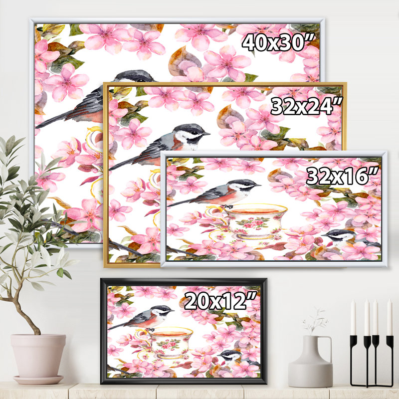 Tasse à thé oiseaux et fleurs - Peinture sur toile, Cadre blanc, H 12 po x l 20 po x p 1 po