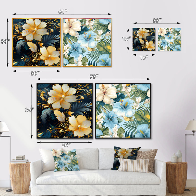 Portslade - Ensemble de 2 collages carrés floraux, H 16 po x l 33 po, Cadre flottant blanc
