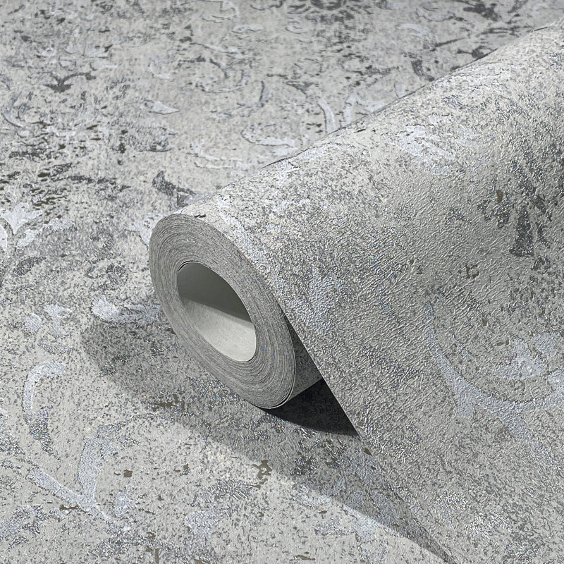 Kavalier Mottled Damask 10.05M X 53Cm Metallic Elements Wallpaper Roll, Grey