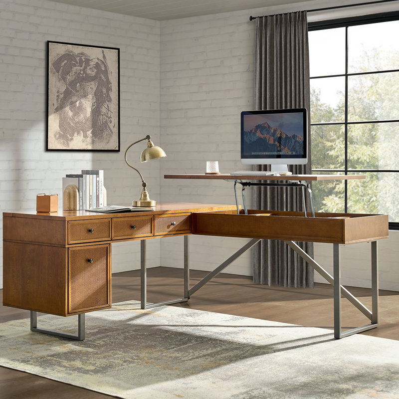 Nusaiba L-Shaped Solid Wood Wicker / Rattan Solid Wood Iron Computer Desk with Built-In Electrical Outlet, Acorn/Gray