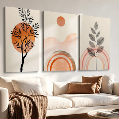Mid-Century 3 pièces terre cuite arc-en-ciel, galerie d'art sur toile tendue - chambre à coucher 12 po x 24 po