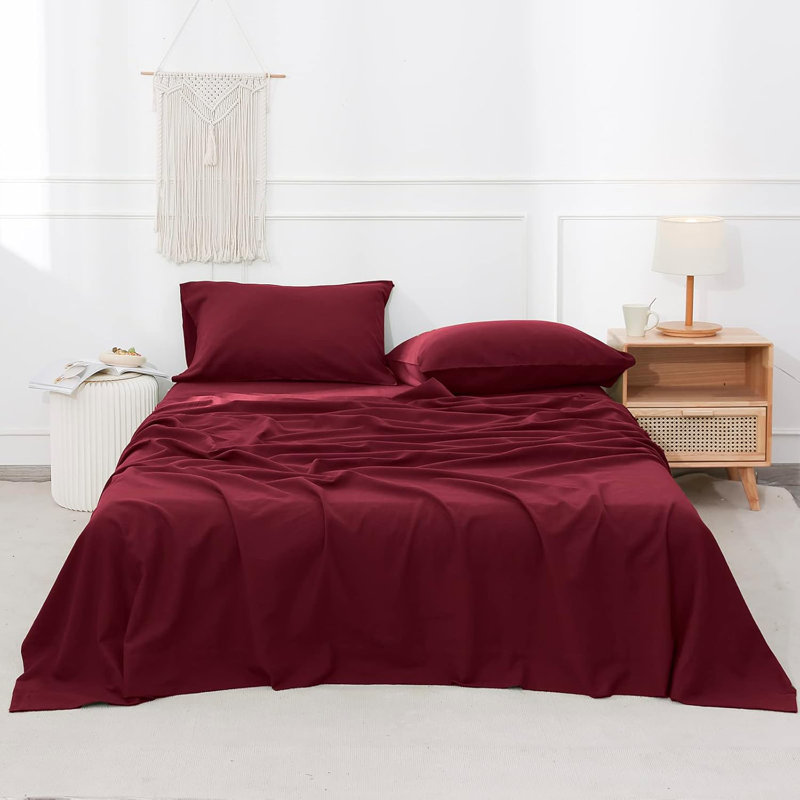 Ensemble de literie en lin belge, Ensemble de draps pour grand lit avec 2 taies d'or, Burgundy Red