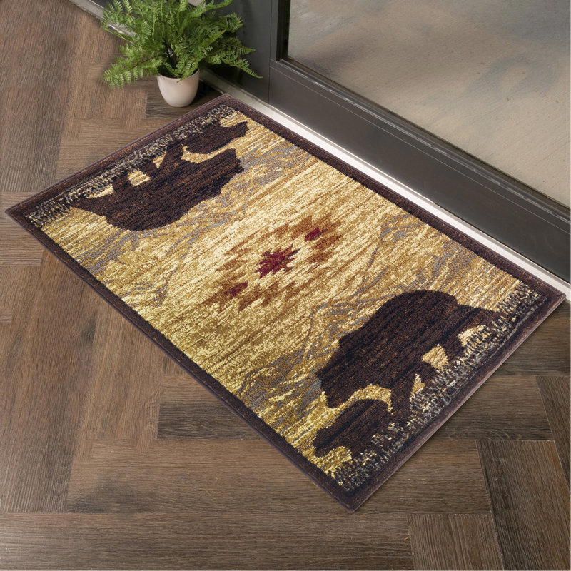 2.58 Ft. X 7.25 Lodge Area Mat, Beige Polypropylene, Enchanting With Majestic Mountains And Adorable Animals, Stain , 2 7 In. 3 Carpet, Mountain Charming Animal Design, For Daily Use