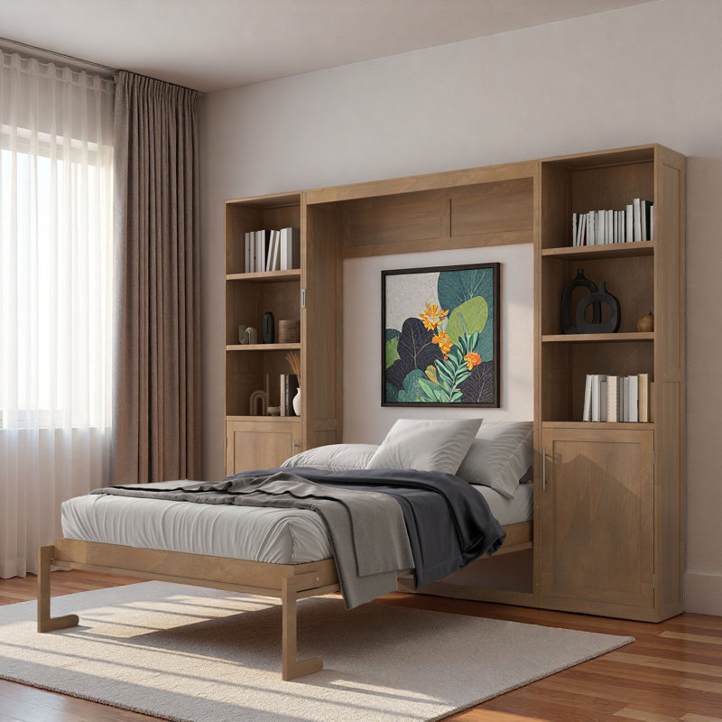 Lit escamotable en bois avec tablettes et armoires de rangement