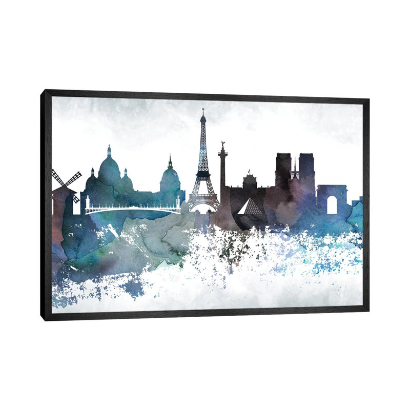 Paris Bluish Skylines - Print on Canvas, 152.5 cm H x 101.5 cm W, Black Framed