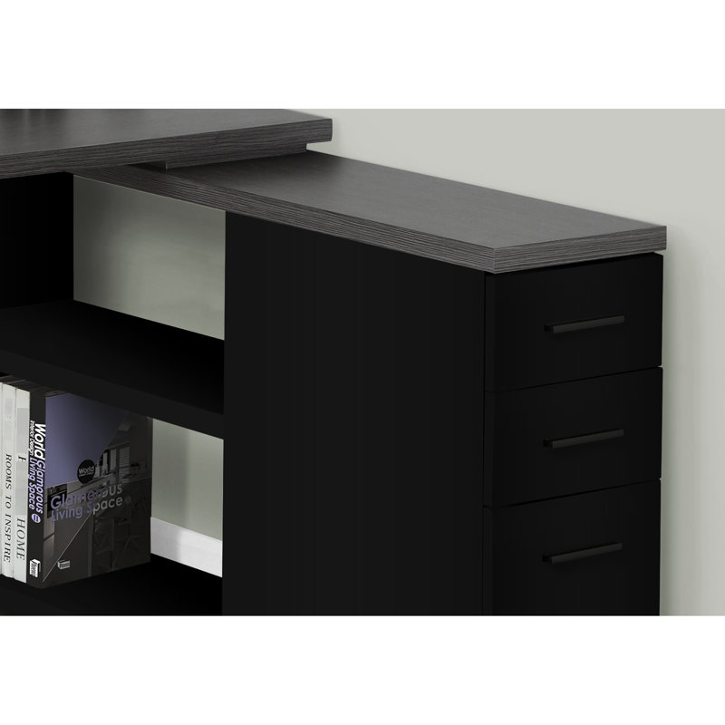 Bureau moderne en L pour bureau personnel, stratifié noir et gris, 3 tiroirs de rangement, espace de travail efficace en forme de bureau, tablette réglable, fonctionnel