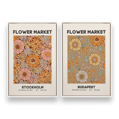 Retro Flower Markets II Set of 2 Canvas Prints in a Silver Frame, 18" X 12"