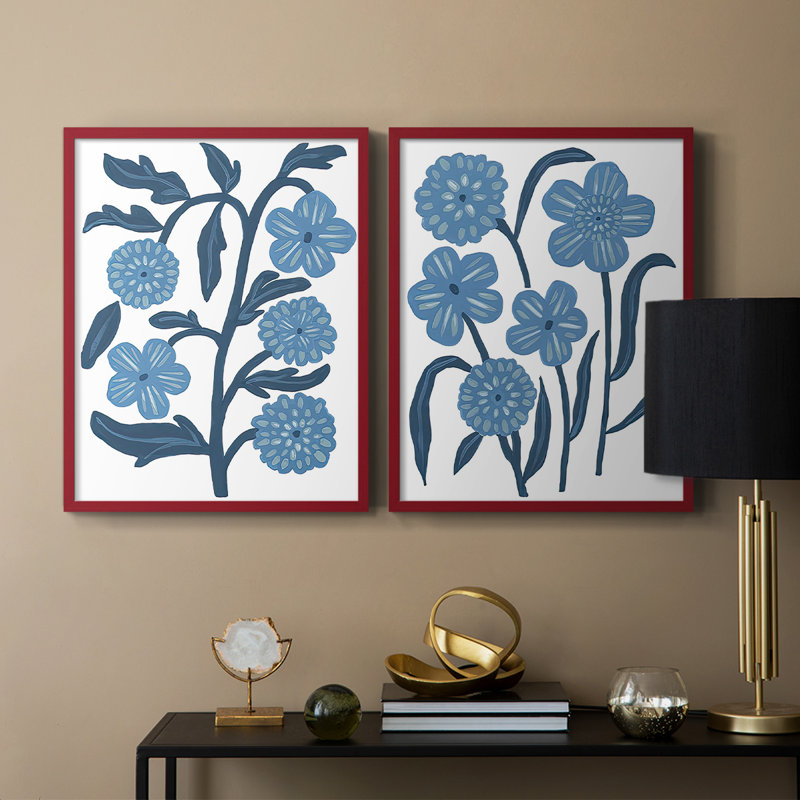 «Blue Folk Florals I», reproduction encadrée de qualité supérieure - prête à être accrochée - aucun clou requis - aucun clou requis