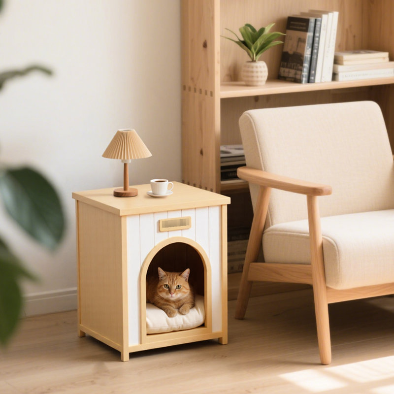 Retraite d'intérieur solide pour animaux de compagnie avec coussin amovible doux, table d'appoint double, style décontracté américain, jaune