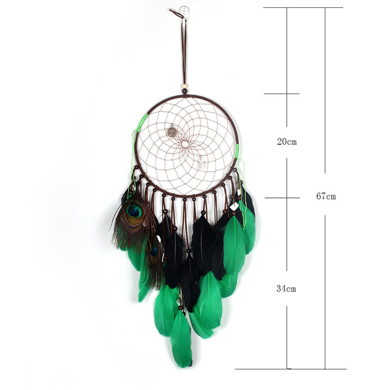 Handmade Fake Feather Peacock Hanging Ornament Iron Circle Dream Net Wall Decor, Green