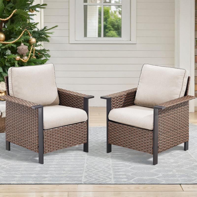 Luxury Outdoor Chairs, Set Of 2 – Spacious Armrests, Comfortable Cushions With PE Rattan And Powder-Coated Frame, Beige