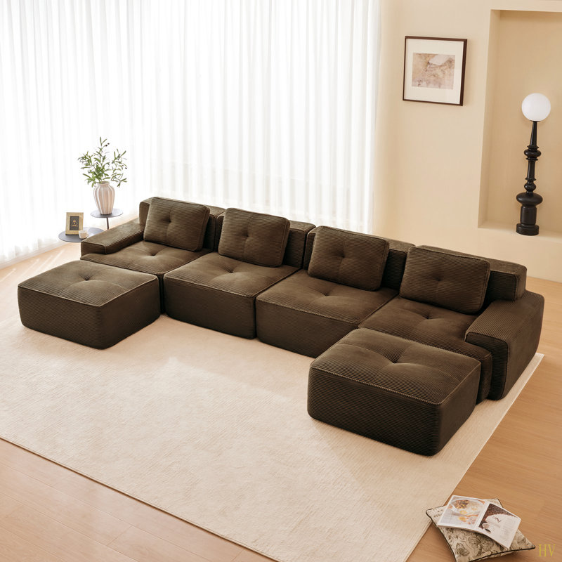 153" Modern U-Shaped Modular Sectional Sofa For Living Room, Corduroy Fabric,4-Seater Couch With Deep Seat And 2-Movable Ottoman,Pearl-Like Piping, Tufted Design, No Assembly, Anti-Slip Design​