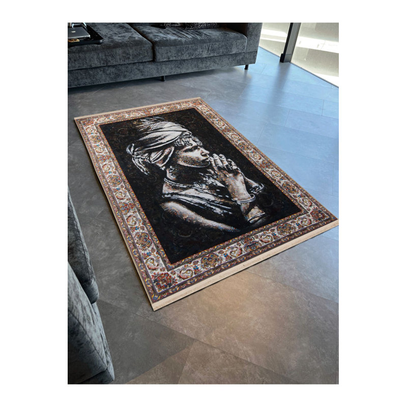 Tapis noir lavable à motif décoratif noir, Tapis de couloir 2 pi 6 po x 6 pi 7 po inclus