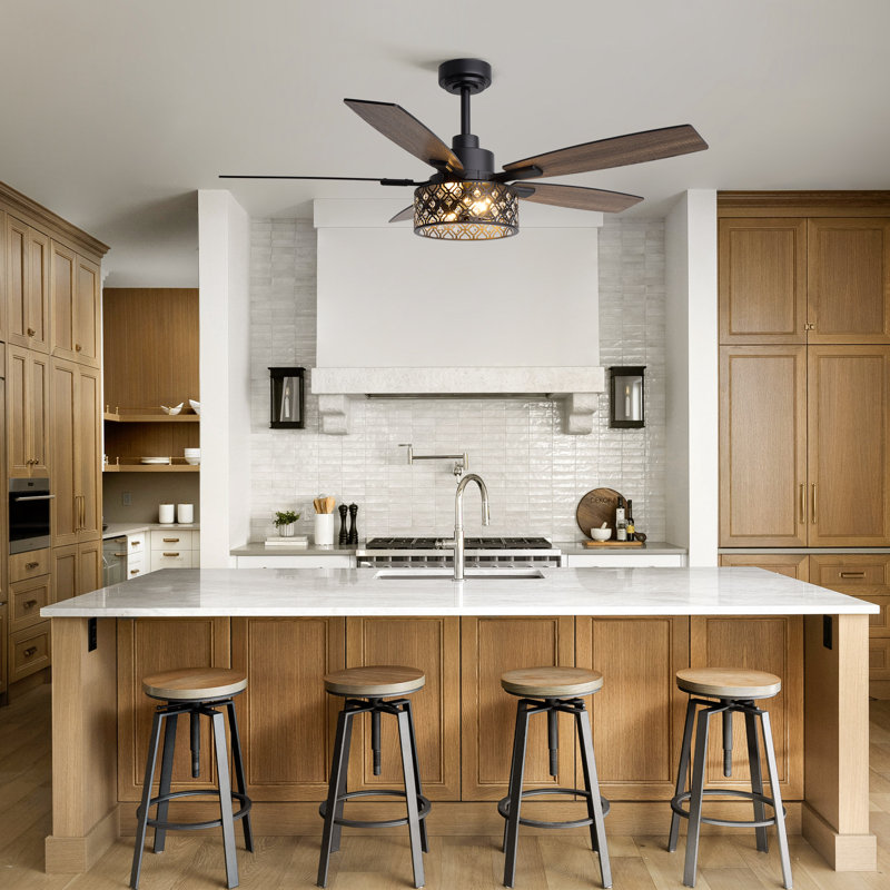 52" Crystal Ceiling Fan With Light 5-Blade Black