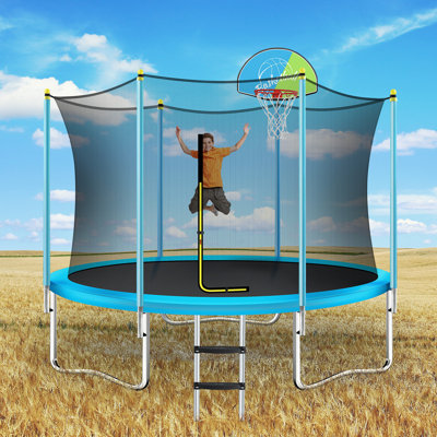 Trampoline 8 pi pour enfants avec filet de sécurité, panier de basketball et échelle, trampoline récréatif extérieur