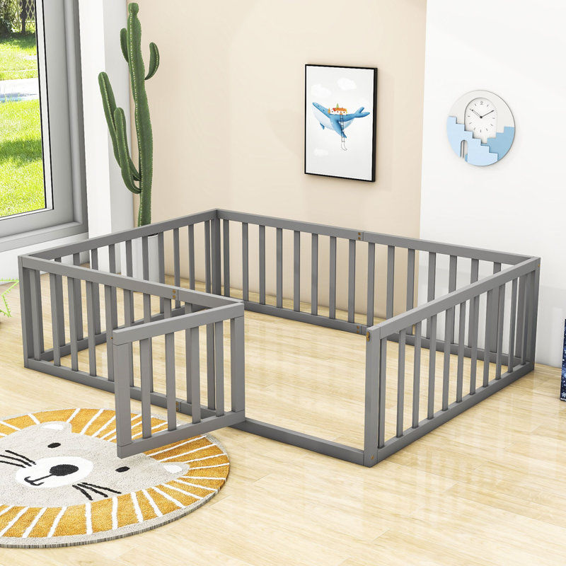 Gurdas Wood Daybed Frame with Fence and Door, Gray, Full