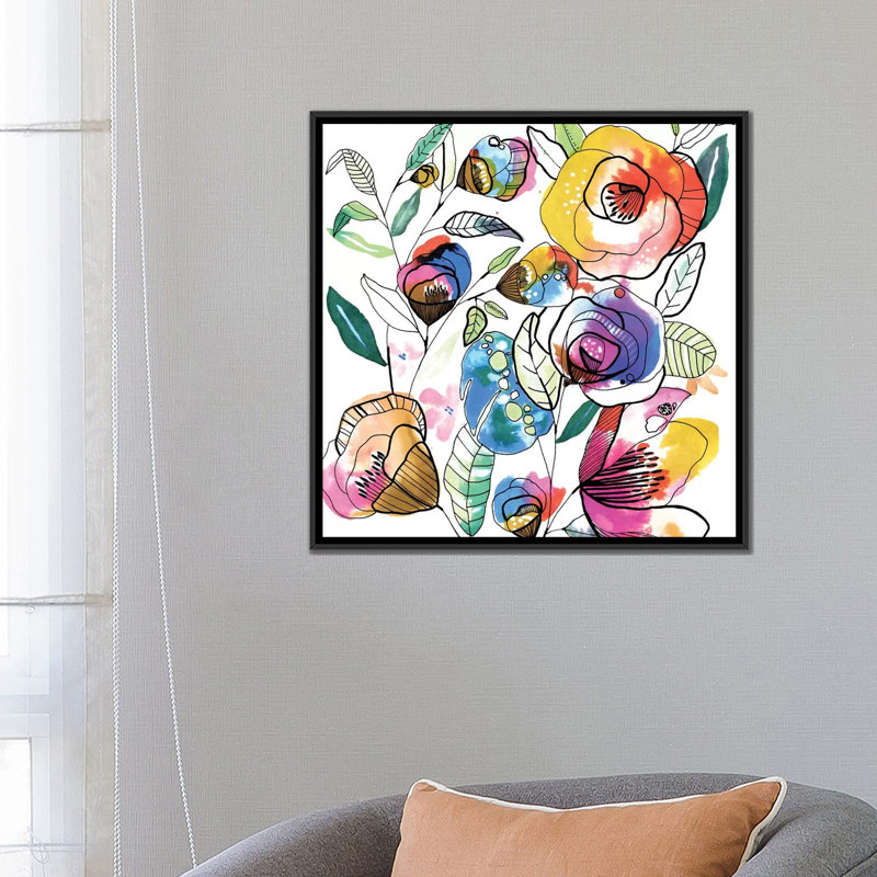 « coloured fleurs », reproduction sur toile, H 18 po x l 18 po x P 1,5 po, Toile avec cadre noir, Pas de tapis