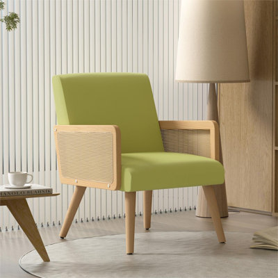 Fauteuil moderne en rotin avec pieds en bois d'hévéa massif, accoudoirs en canne naturelle, siège en mousse haute densité 25D, 23L * 23W * 31,5H, finition écologique, utilisé comme chaise de salle à manger, chaise de lecture, chaise de terrasse, et
