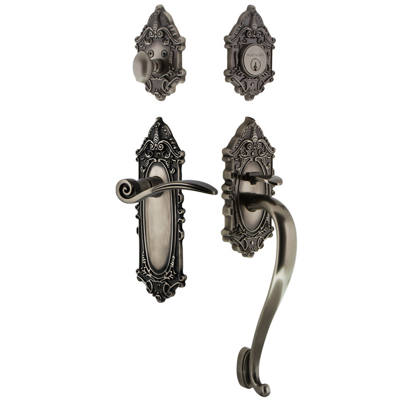 Nostalgic Warehouse Victorian Plate S Grip Handleset with Single Cylinder Deadbolt and Swan Lever, Antique Pewter, 2 3/8"