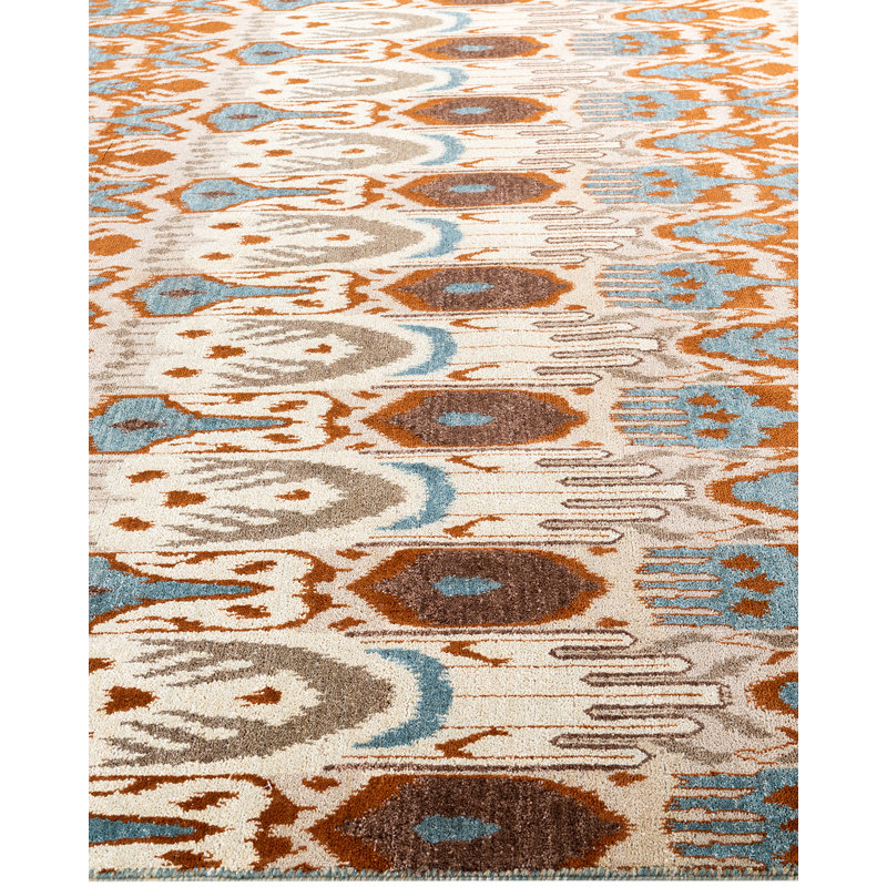 Tapis noué à la main de conception unique Ikat - beige, 8 pi 3 po x 10 pi 5 po