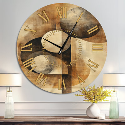 Orbiting Shapes in Sepia Space II - Mid-Century Round Metal Wall Clock